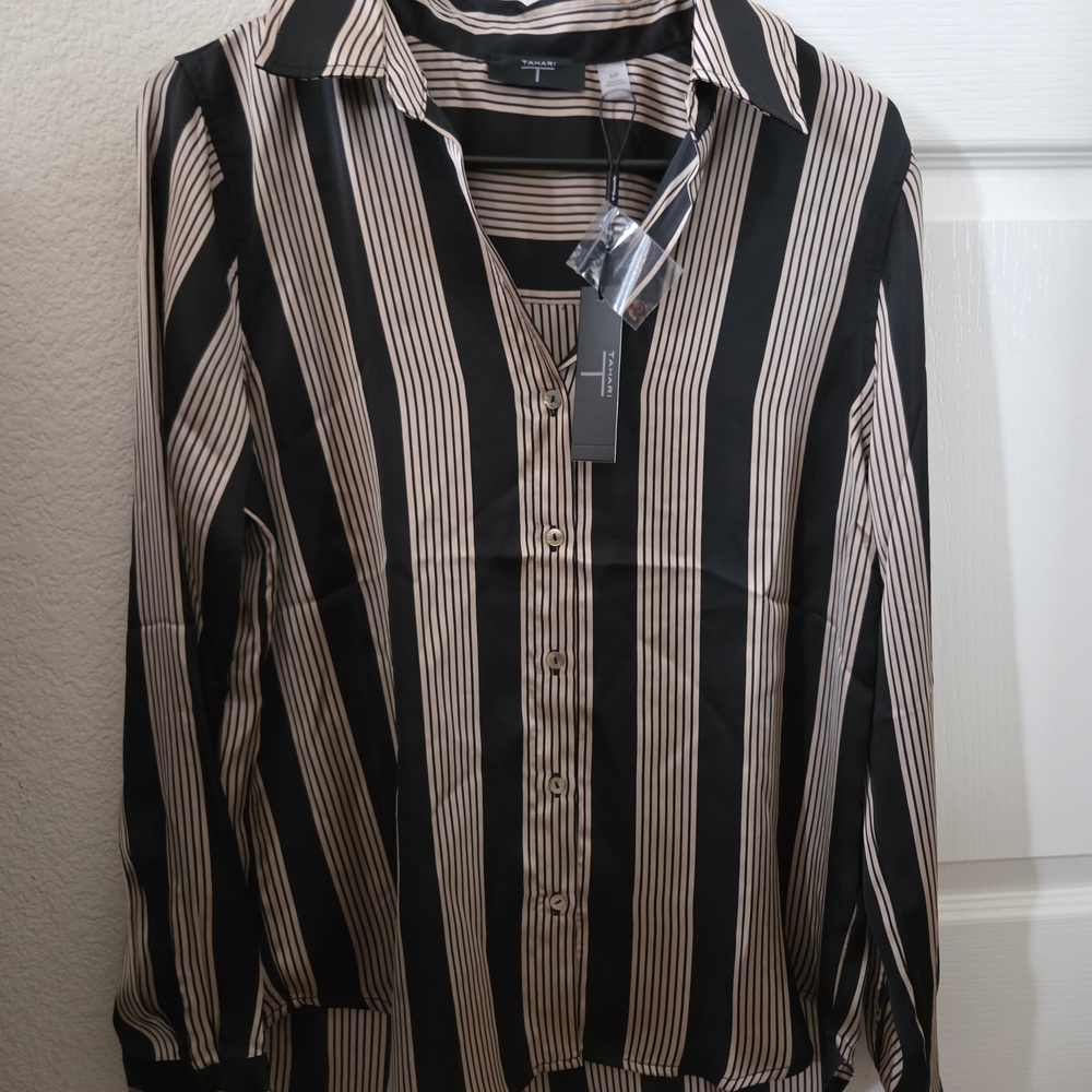 Tahari Black and Beige Striped Shirt
